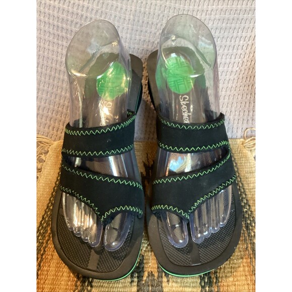 Skechers Cali Sandals Slide Sporty Slip On Black & Green Fabric Flats Womens 9 - Picture 1 of 14